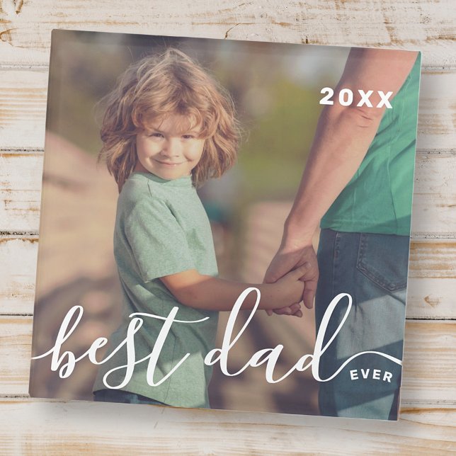 Best Dad Ever Modern Simple Playful Script Photo Glass Coaster (Creator Uploaded)
