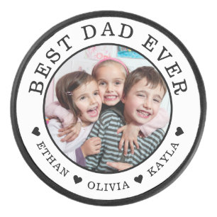 Best Dad Ever Personalized Photo Black And White Hockey Puck
