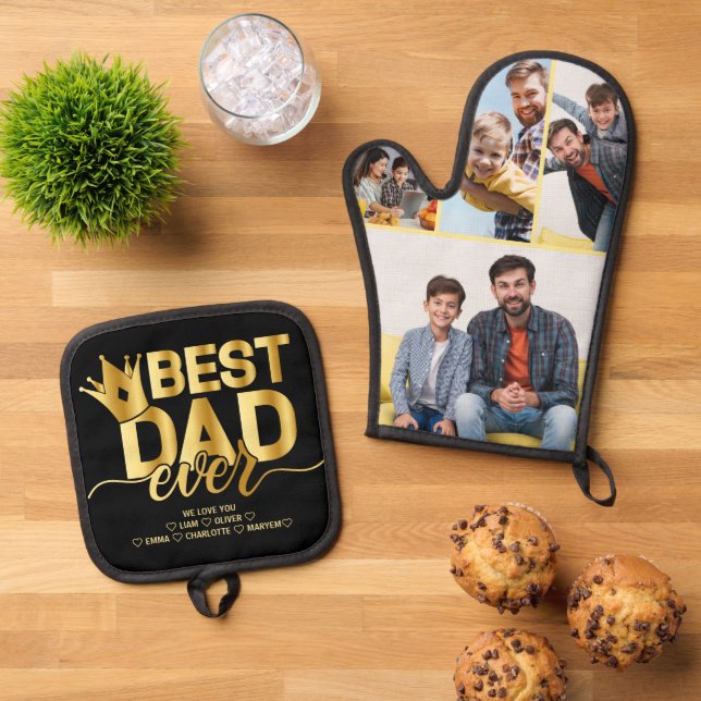 Best Dad Ever Photo Collage Keepsake Black & Gold Oven Mitt & Pot Holder Set (Top Down)