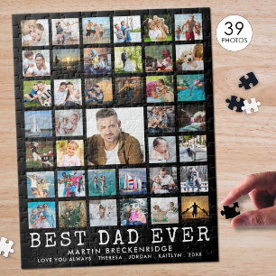 BEST DAD EVER Photo Collage Name Black Jigsaw Puzzle