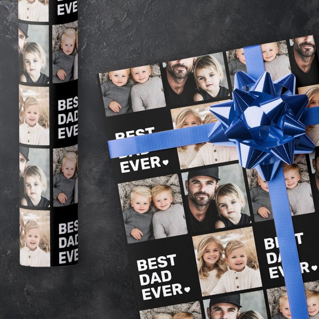 Best dad ever photo heart fathers day black white wrapping paper (Best dad ever photo heart fathers day black white wrapping paper)