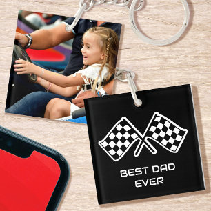 Best Dad Ever Photo Racing Chequered Flags Black Key Ring
