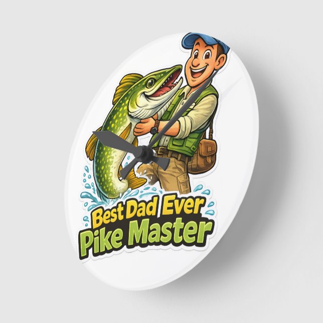 Best Dad Ever Pike Master funny fishing cartoon Round Clock (Angle)