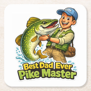 Best Dad Ever Pike Master funny fishing cartoon Square Paper Coaster