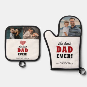 Best Dad Ever Red Heart Father`s Day 3 Photo Oven Mitt & Pot Holder Set