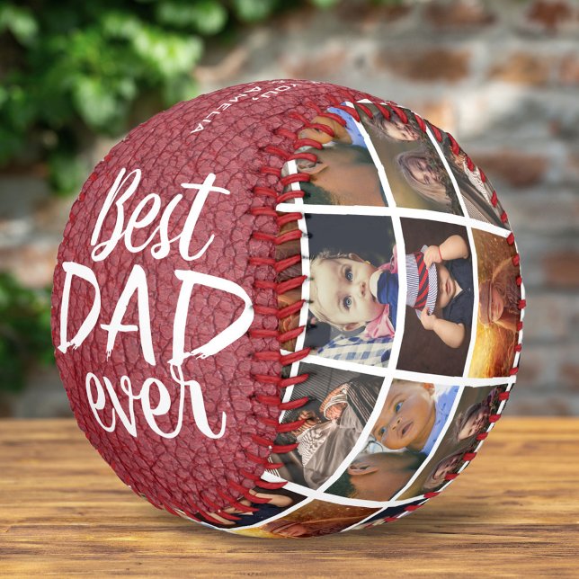 Best Dad Ever Red Leather Print 6 Photo Collage Baseball (Creator Uploaded)