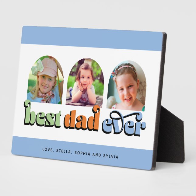 Best Dad Ever Retro Text 3 Photos Plaque (Side)