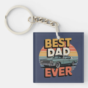 Best Dad Ever Retro Vintage Teal Muscle Car Key Ring