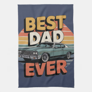 Best Dad Ever Retro Vintage Teal Muscle Car Tea Towel