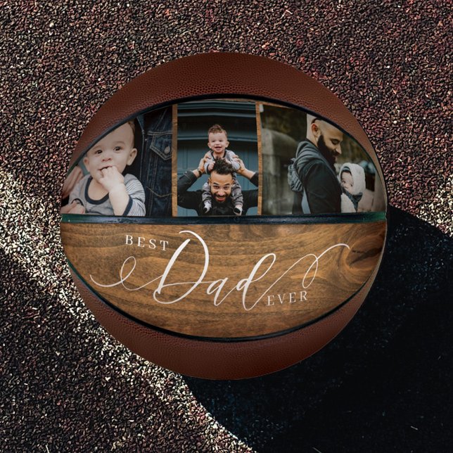 Best Dad Ever Woodgrain Fathers Day Photo Collage Basketball (Creator Uploaded)