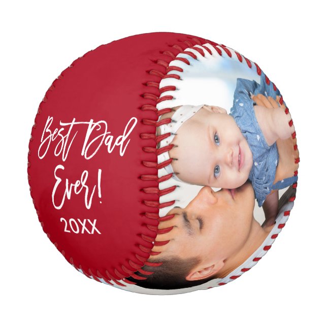 Best Dad Ever Year 2 Photo Brush Script Red Baseball (Angled)