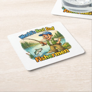 Best Dad Fisherman by the Lake Funny Gift Idea Square Paper Coaster