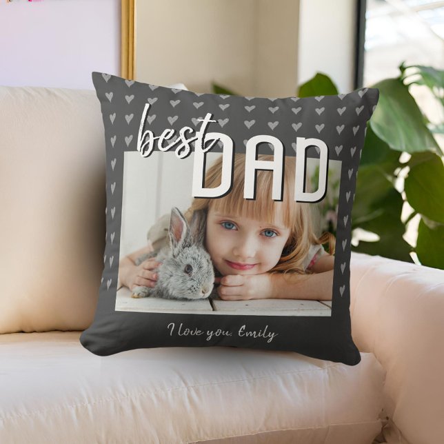 Best Dad Heart Pattern Grey Photo Father`s Day  Cushion (Creator Uploaded)