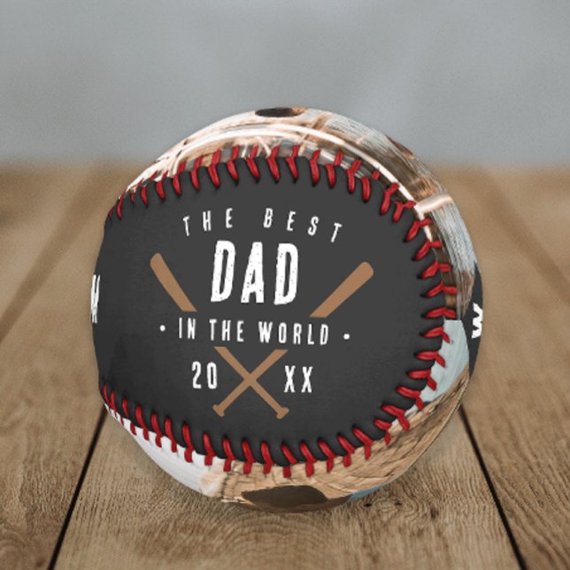 Best Dad In The World 2 Photo Monogram Fathers Day Baseball (Vintage Baseball Best Dad Ever Fathers Day Gift.)