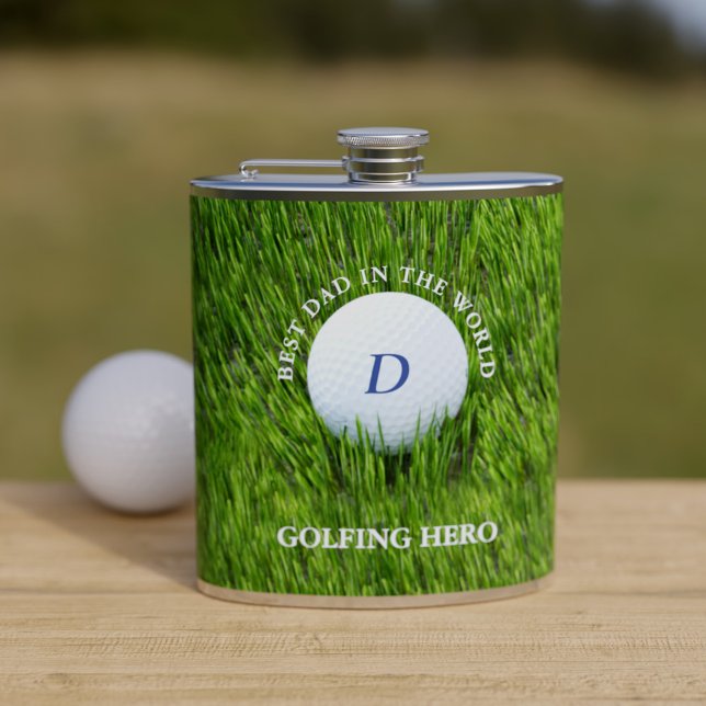 Best Dad in the World Golfing Hero Green Golfer Hip Flask (Do you know the Best Dad in the World? Does he love golf? Boom! Add his initial!)