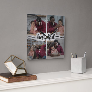 Best Dad Personalised 4 Photo Collage Square Wall Clock