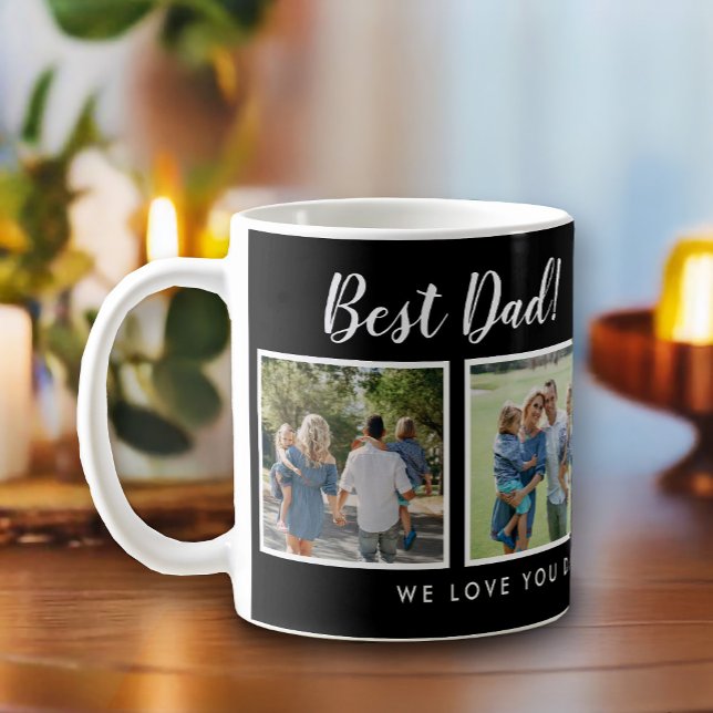 Best Dad! Photos Collage Message Black Coffee Mug (Best dad script font with 6 family photo slots, along with a custom message for your number 1 Dad.)