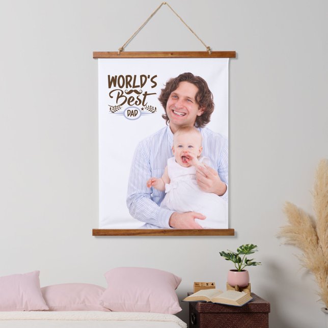 Best Dad Quote Brown Script Father & Baby Photo Hanging Tapestry (Creator Uploaded)