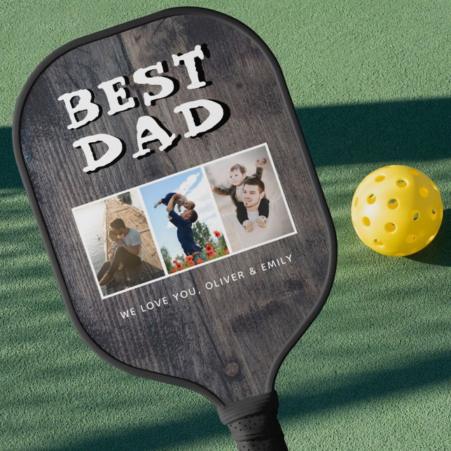 Best Dad Rustic Dark Wood 3 Photo Collage  Pickleball Paddle (Creator Uploaded)