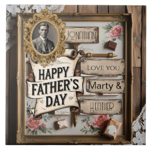 Best Dad Scroll Design with Lace and Roses Ceramic Tile