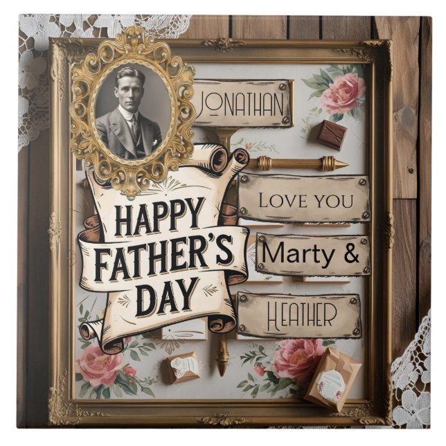 Best Dad Scroll Design with Lace and Roses Ceramic Tile (Front)