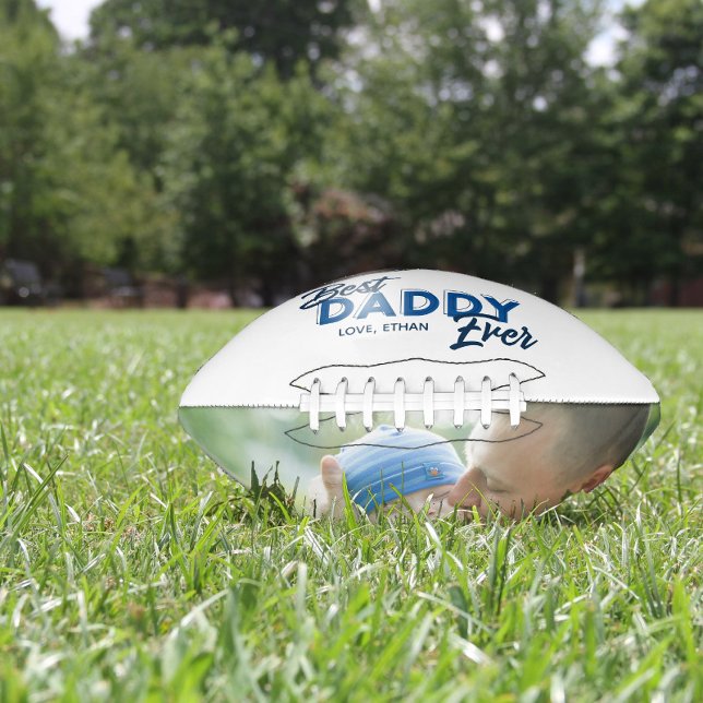 Best Daddy Ever Blue Script Photo Father's Day Football (Easily personalize this Best Daddy Ever football with your name and photo, for a unique gift for dad)