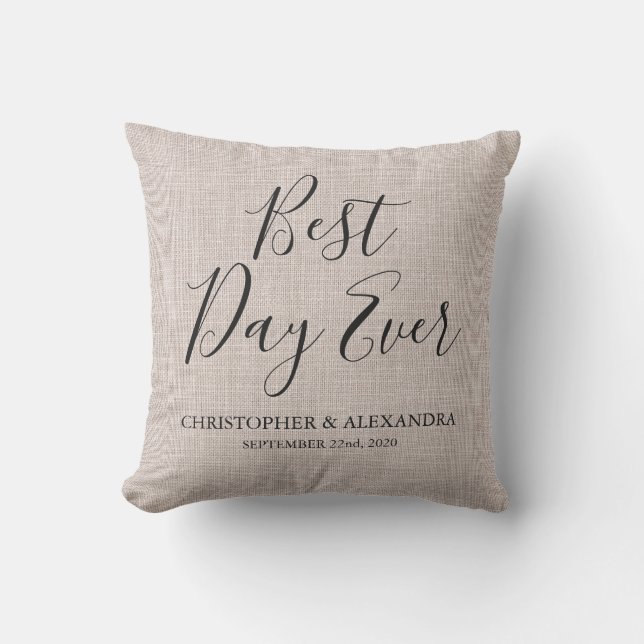 Best Day Ever Beige Linen Wedding Cushion (Front)