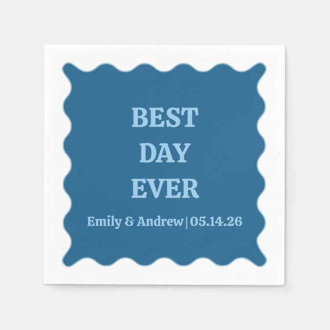 Best Day Ever Blue Chic Scalloped Custom Wedding  Napkin (Front)