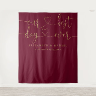 Best Day Ever Burgundy And Gold Script Wedding Tapestry
