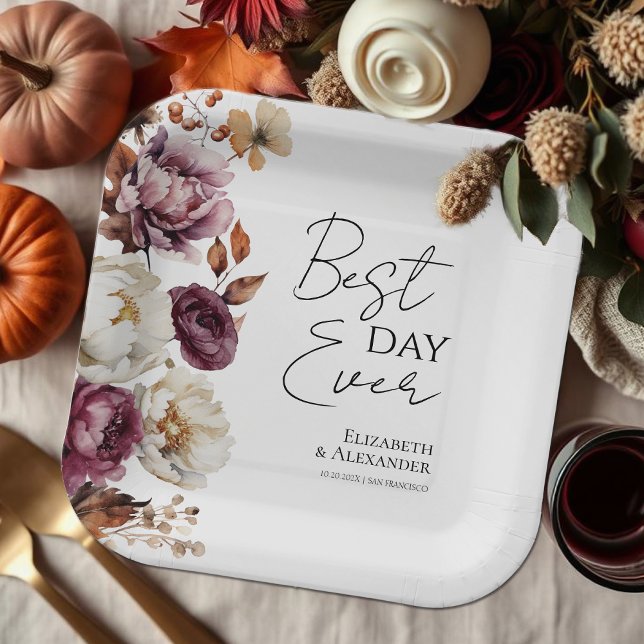 Best Day Ever | Burgundy Floral  Autumn Wedding Paper Plate (Creator Uploaded)