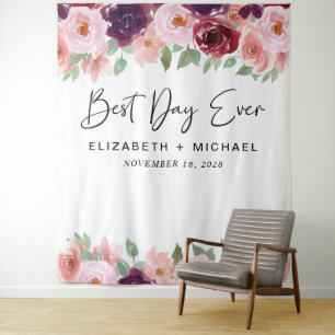 Best Day Ever Burgundy Pink Floral Wedding Tapestry