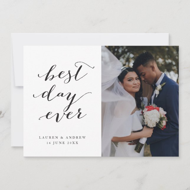 Best Day Ever Calligraphy Wedding 3 Photo Thank You Card (Front)