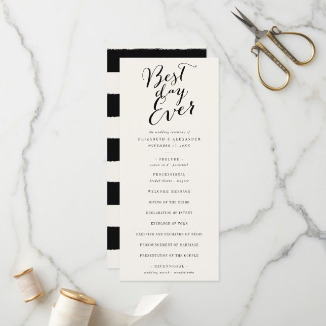 Best Day Ever Classic Script Calligraphy Wedding Program (Front/Back In Situ)