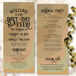 Best Day Ever Earthtone Retro Swirls Wedding Program<br><div class="desc">This fun wedding program features a retro design in earthtone colours of tan, taupe, and sage green. The title reads: Welcome to our Best Day Ever and is written in fancy block word art lettering with hearts, swashes, and swirls. There is space for your ceremony and wedding party details, as...</div>