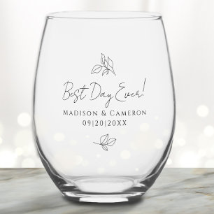 Best Day Ever Elegant Wedding Leaves Black Party Stemless Wine Glass