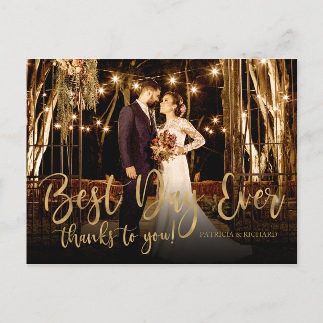 Best Day Ever Gold Script Photo Wedding Thank You Postcard (Front)