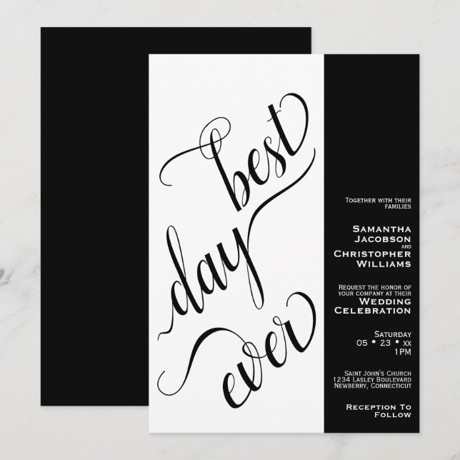Best Day Ever Minimal 2 Pane Black & White Wedding Invitation (Front/Back)