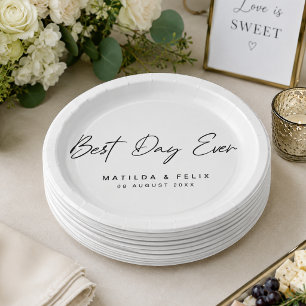 Best Day Ever Minimalist White Wedding Day Paper Plate