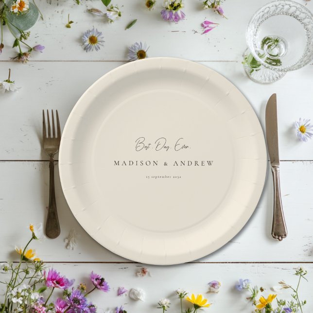 BEST DAY EVER! Modern Minimal Beige Wedding Paper Plate (BEST DAY EVER! Modern Minimal White Wedding Paper Plates with your Name and date.)