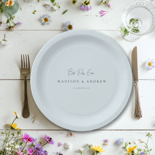BEST DAY EVER! Modern Minimal Light-Blue Wedding Paper Plate