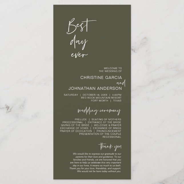 Best day ever, Modern Minimalist Olive Sage Green Program (Front)
