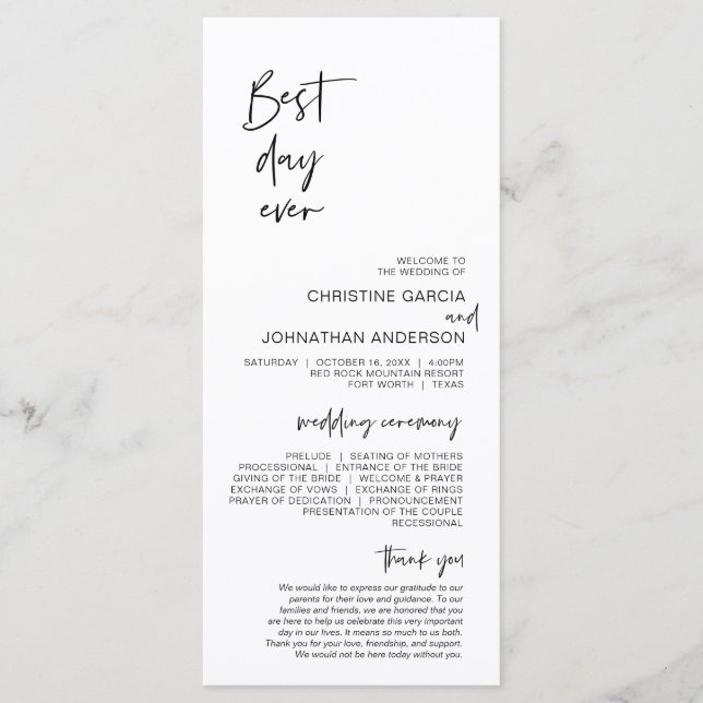 Best day ever, Modern Minimalist Wedding Program (Front)