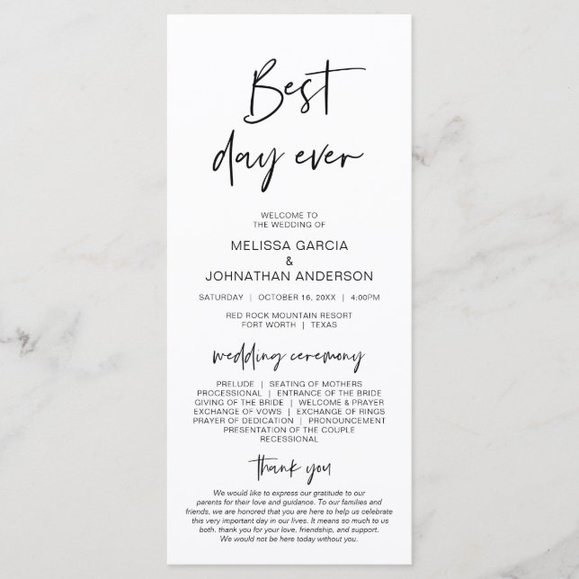 Best day ever, Modern Minimalist Wedding Program (Front)