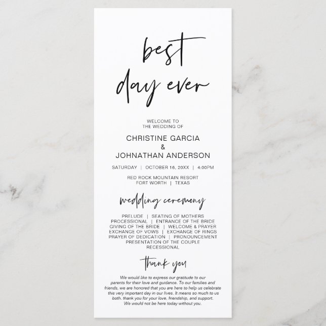 Best day ever, Modern Minimalist Wedding Program (Front)