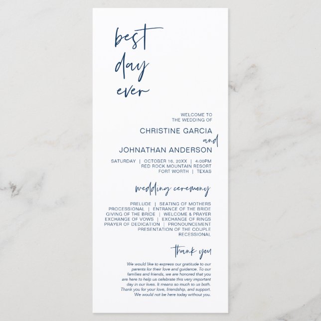Best day ever, Modern Navy Blue Wedding Program (Front)