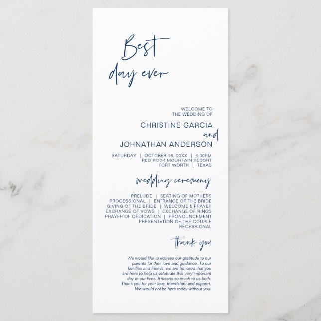 Best day ever, Modern Navy Blue Wedding Program (Front)