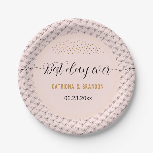 Best Day Ever Modern Pink Black Flower Gold Dots Paper Plate (Front)