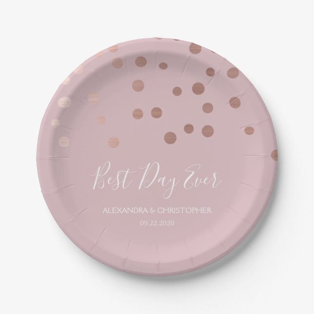 Best Day Ever Pink Rose Gold Confetti Wedding Paper Plate (Front)