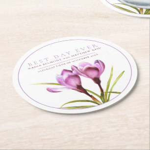 Best day ever purple crocus watercolor wedding round paper coaster