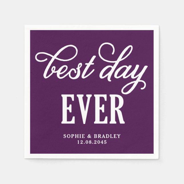 Best Day Ever Purple Modern Calligraphy Wedding Napkin (Front)